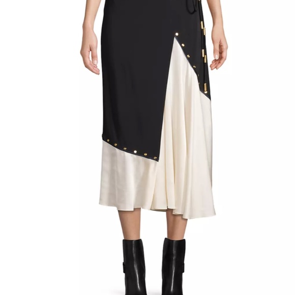 NWT Tory Burch mixed material black white silk wrap skirt midi maxi demure sz L - Picture 3 of 16